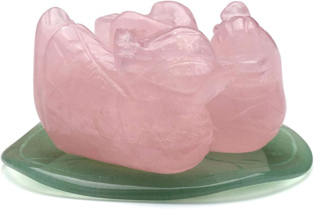 Jovivi Natural Rose Quartz Mandarin Ducks Feng Shui Crystal Love Birds on Lotus Leaf Figurine for Love and Romance - (Male and Female) - Valentines Day Gifts