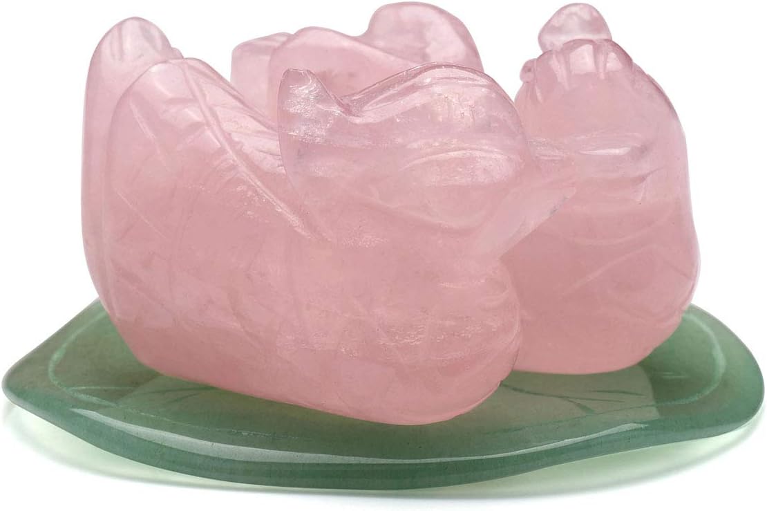 Jovivi Natural Rose Quartz Mandarin Ducks Feng Shui Crystal Love Birds on Lotus Leaf Figurine for Love and Romance - (Male and Female) - Valentines Day Gifts