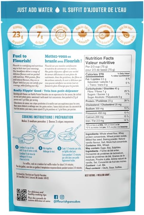 Flourish Protein Pancake & Waffle Mix, with Whey Protein & Flax Seed, No Added Sugar, High in Protein & Fiber - Just Add Water - Vanilla Flavour, 430g (2 Pack) - Made in Canada