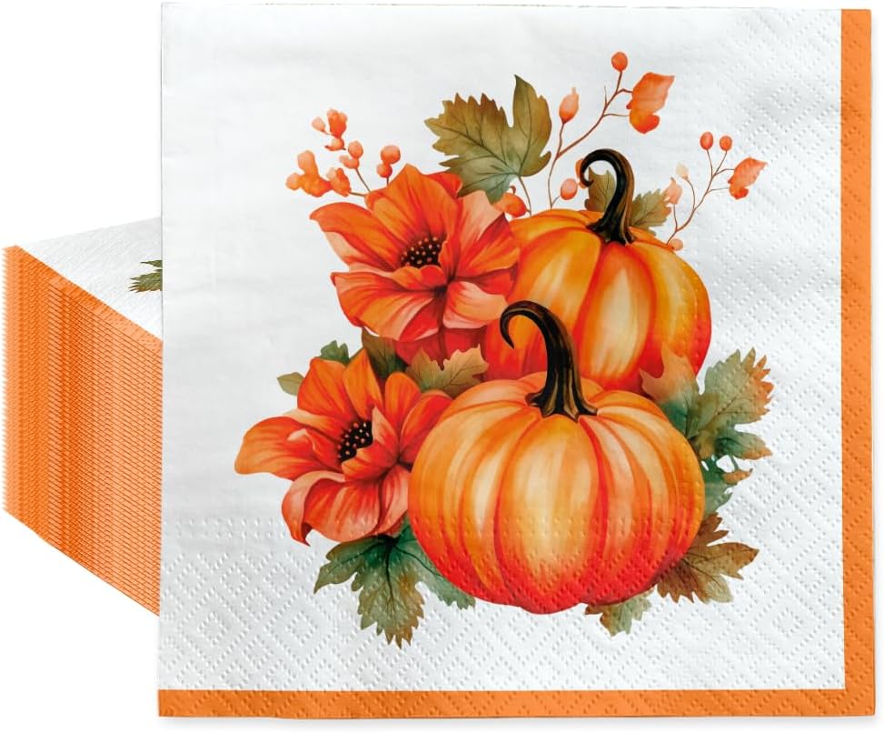 PAW - Luncheon Halloween Napkins 6,5'' x 6,5'', Disposable Paper Napkins with Pumpkin, Lunch Napkins for Halloween Parties, Kids Parties, Autumn, Decoupage, Tableware Party Supplies, 50 Count
