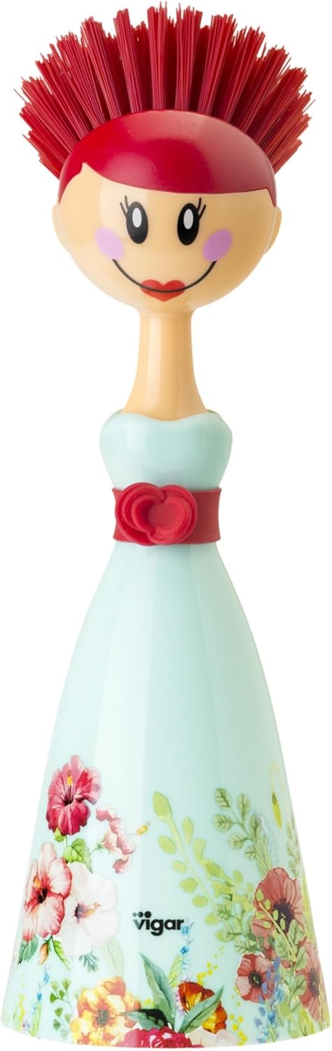 Vigar Dolls Dish Brush with Ergonomic Handle and Dres-shaped Storage Holder - Scrub Brush for Pans, Pots, Kitchen Sink Cleaning, Blue/Pink