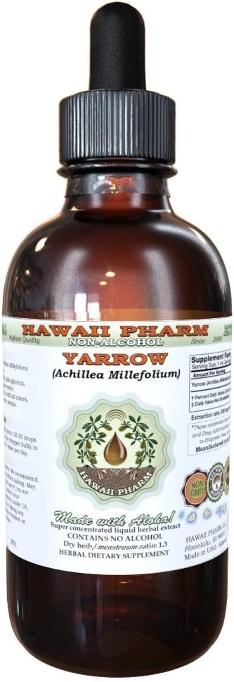 Hawaii Pharm Yarrow Alcohol-Free Liquid Extract, Professional Grade, Small Batch Crafted Yarrow (Achillea millefolium) Dried Herb Glycerite Natural Herbal Supplement, 2 fl.oz