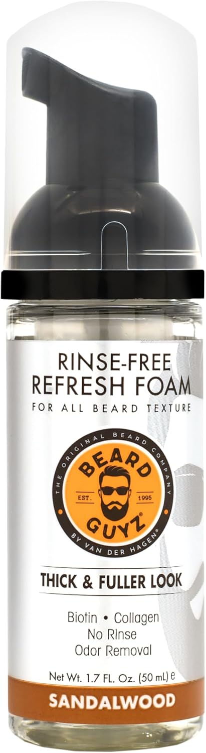Beard Guyz Rinse‑Free Refresh Foam – Waterless Beard Cleanser & Refresher – No‑Rinse Beard Wash Foam with Biotin & Collagen – Portable Beard Freshener (1.7 oz)