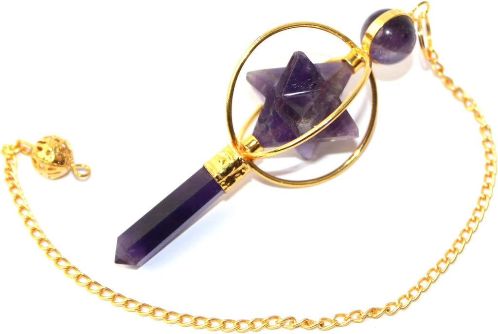 Jet Gold Plated Amethyst Spinning Merkaba Pendulum 2.5 inch Jet International Crystal Therapy 40 Page Booklet Chakra Balancing