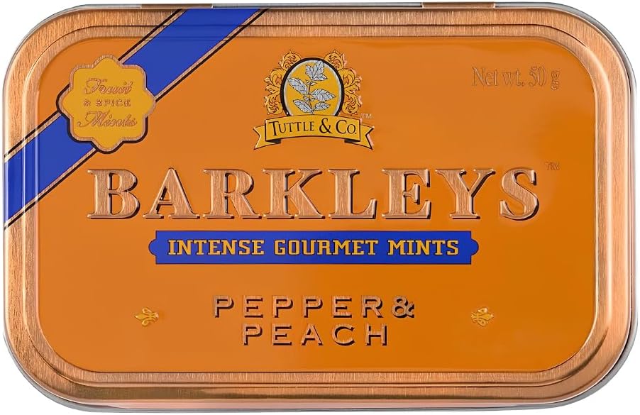 Barkleys Gourmet Pepper & Peach Breath Mints - Strong Pepper & Peach Flavor for Party, After Dinner, Wedding, Every Day Use-Vegan Mints In Reusable Classic Travel Tins, 1 Pack - 50 Count Each