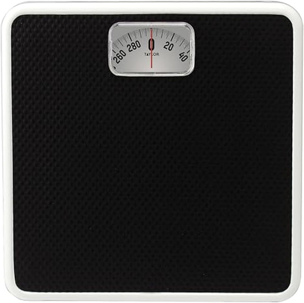 Taylor Analog Bath Scale, Classic Dial Body Weight Monitor, Mechanical Non-Digital Weighing Device with 300 lb Capacity, Battery-Powered Design, Sleek Black Finish for Daily Home Use, Black