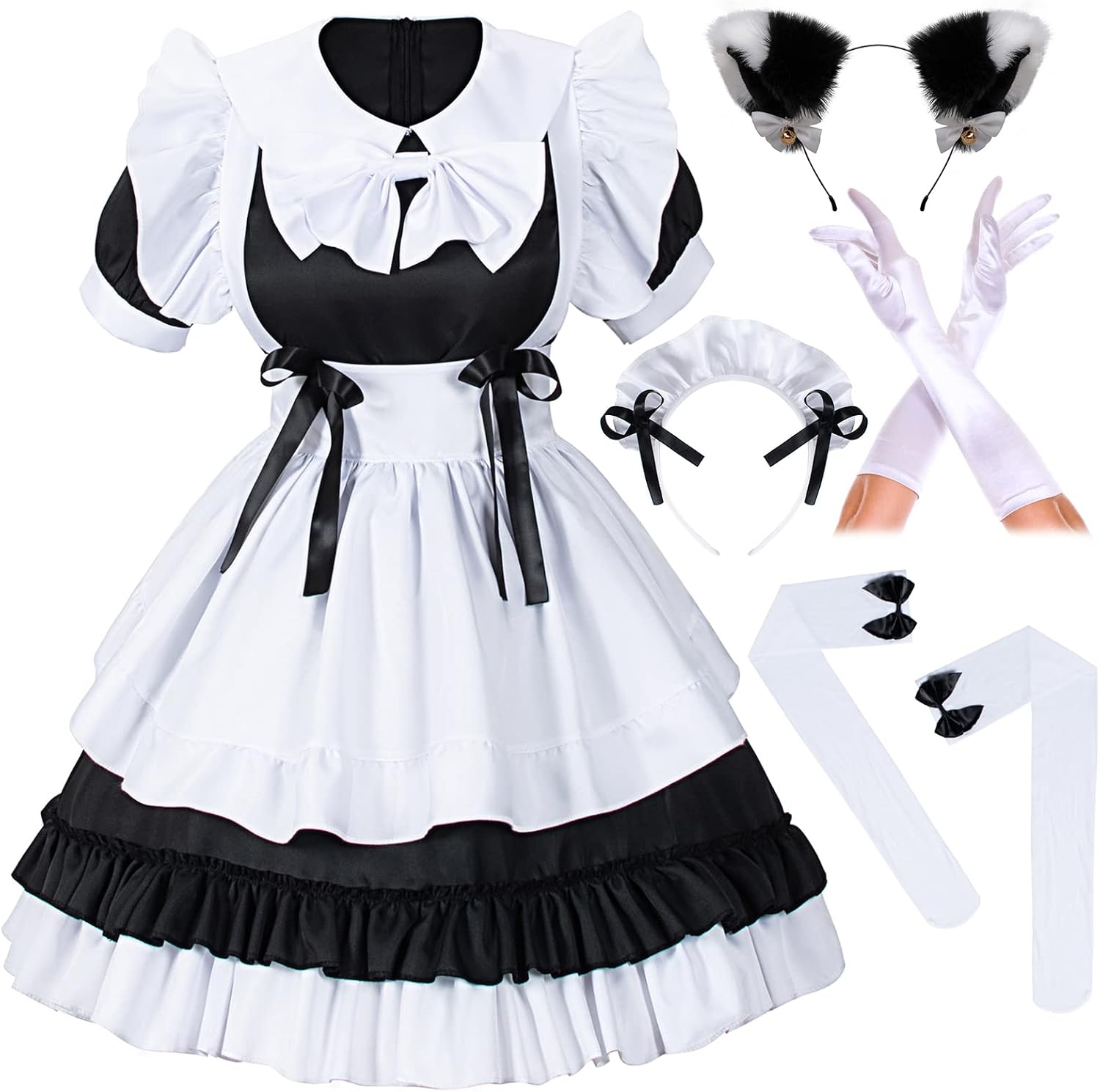 Women Sweet Kawaii Costume Dress Anime French Maid Cosplay Furry Cat Ear Gloves Socks Set