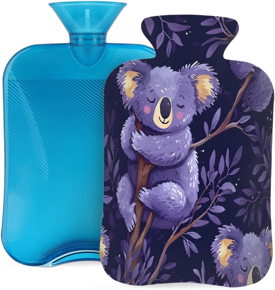Hot Water Bottle with Cover, Purple Koala Tree 2L Hot Water Bag for Hot/Cold Compress, Hand Feet Warmer, Menstrual Cramps, Neck and Shoulder Pain Relief