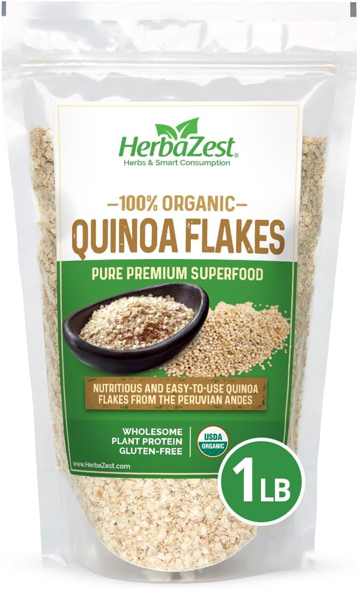 HerbaZest Quinoa Flakes Organic – 1 LB – USDA Certified, Vegan & Gluten Free Superfood – Perfect with Yogurt, Cereal, Smoothies, Granola & Desserts