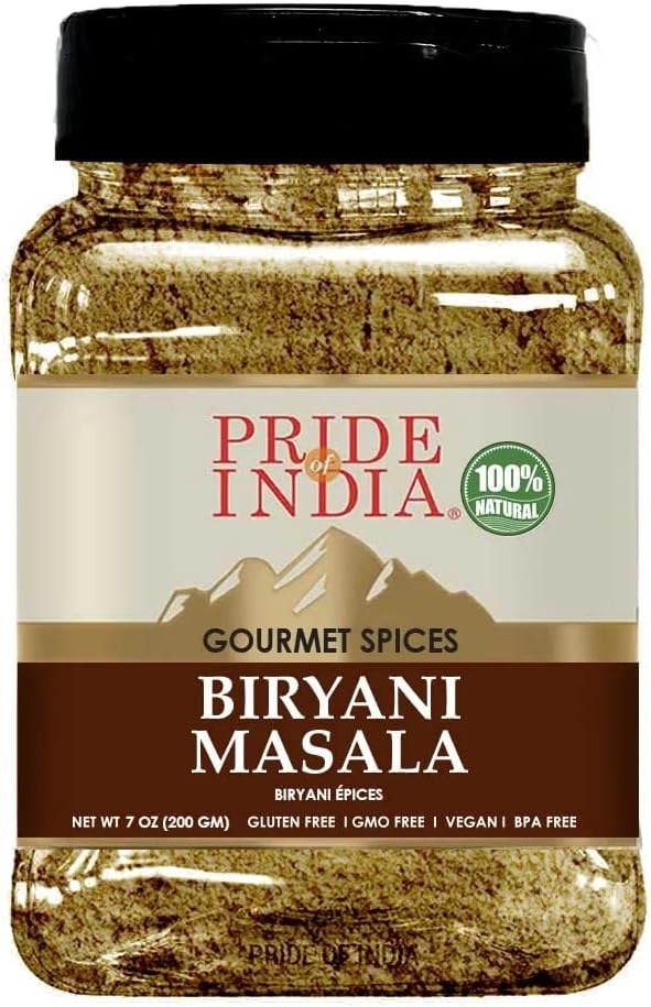 Pride Of India – Indian Biryani Masala Seasoning Spice - 7 oz. Medium Dual Sifter Jar - Easy to Use - Ideal for Layered Vegetable and Meat Pilaf – Suitable for Vegetarians & Vegans