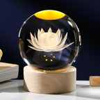 Arikyrist 3D Engraving Lotus Flower Figurine Crystal Ball with Wooden Light Base, Glass Lotus Flower Lamp Gifts for Women Decorative Glass Ball Paperweight