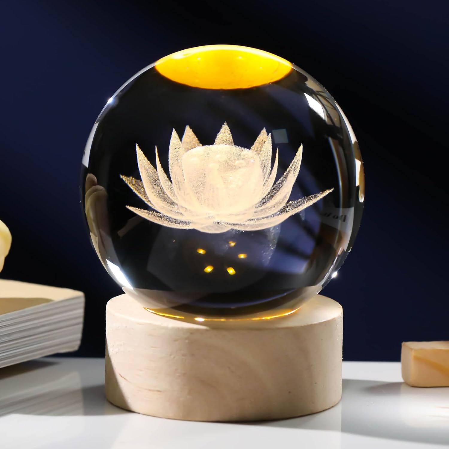 Arikyrist 3D Engraving Lotus Flower Figurine Crystal Ball with Wooden Light Base, Glass Lotus Flower Lamp Gifts for Women Decorative Glass Ball Paperweight