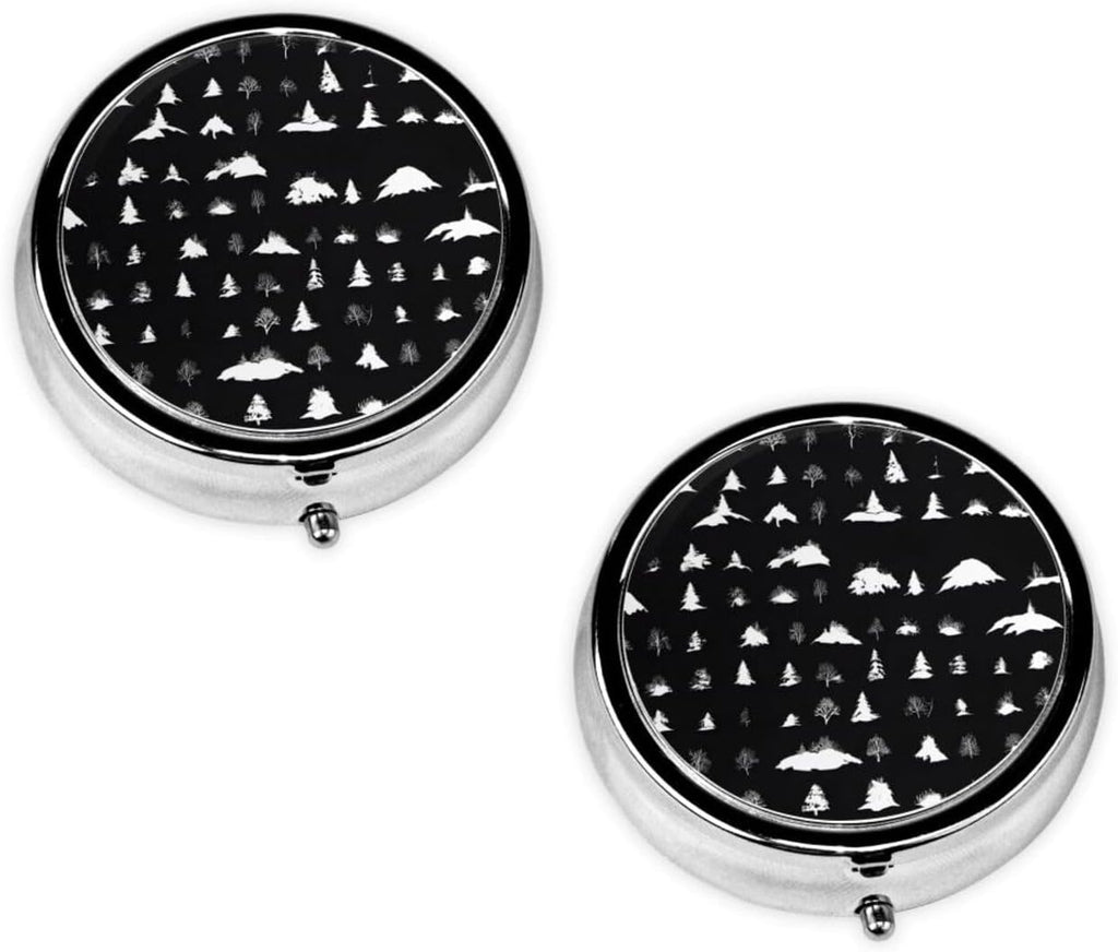 (Black & White Trees) Round Pill Box,3 Compartment Pill Box Mini Decorative Pocket Purse Portable Travel Medicine Tablet Vitamin Holder Organizer Pill Case