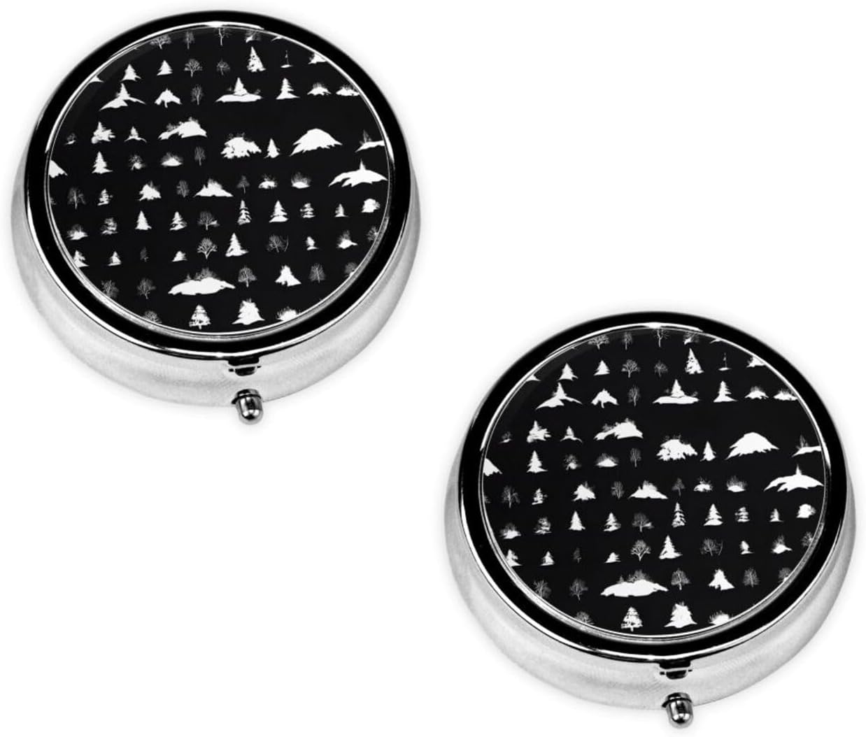 (Black & White Trees) Round Pill Box,3 Compartment Pill Box Mini Decorative Pocket Purse Portable Travel Medicine Tablet Vitamin Holder Organizer Pill Case