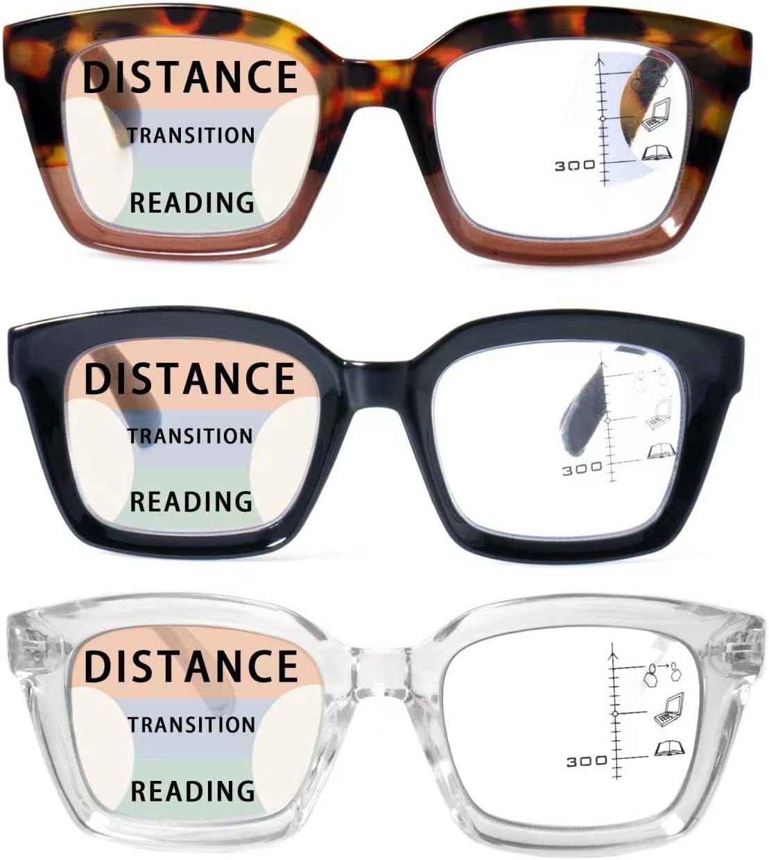 HIYANJN 3 Pack Progressive Multifocal Reading Glasses for Women Men Oprah style Blue Light Blocking Spring Hinger Readers 1.50