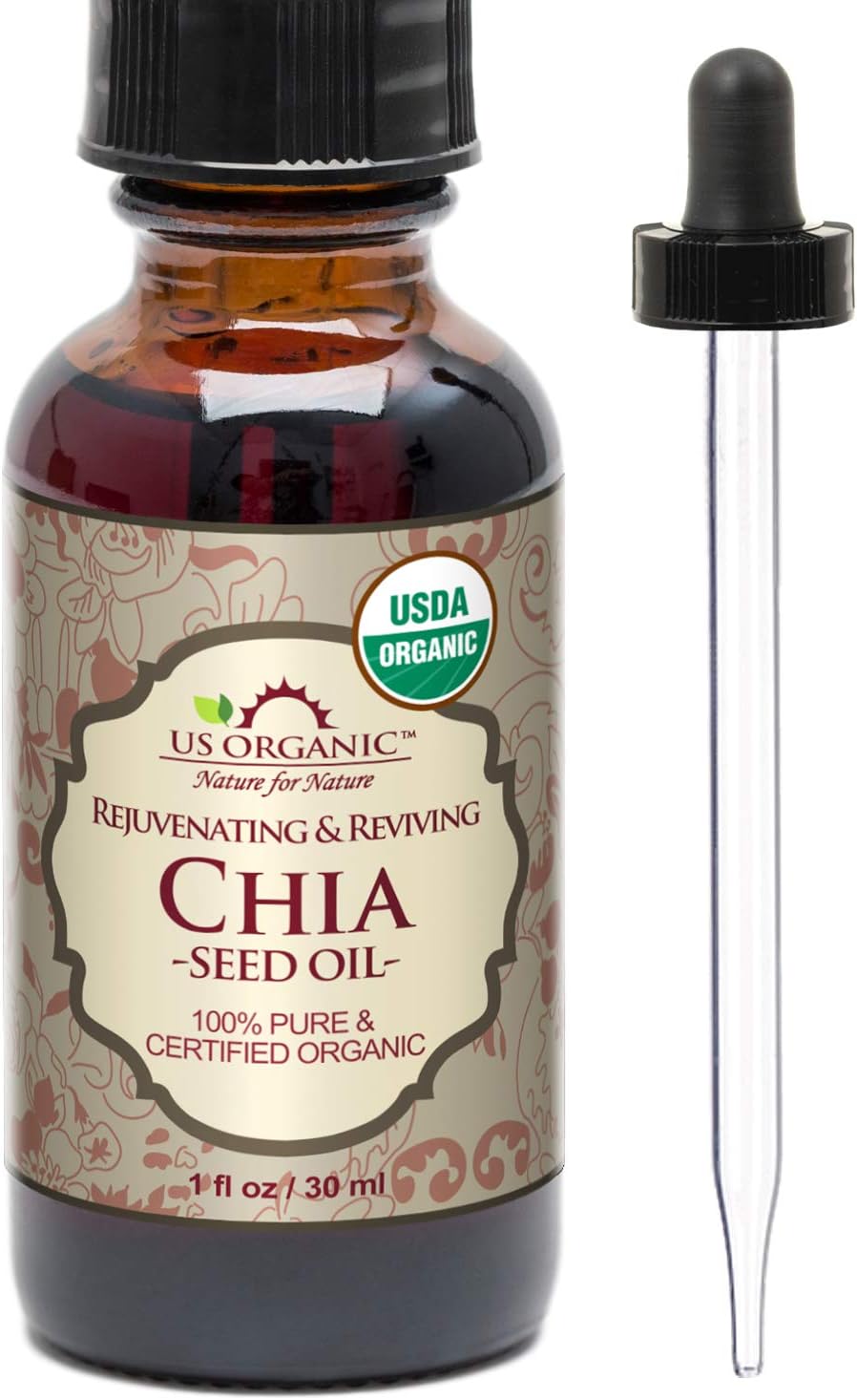 US Organic Chia Seed Oil, Certified Organic, Pure & Natural, Cold Pressed Virgin, Unrefined, Sourced from Paraguay, in Amber Glass Bottle w/Glass Eyedropper (1 oz (30 ml))
