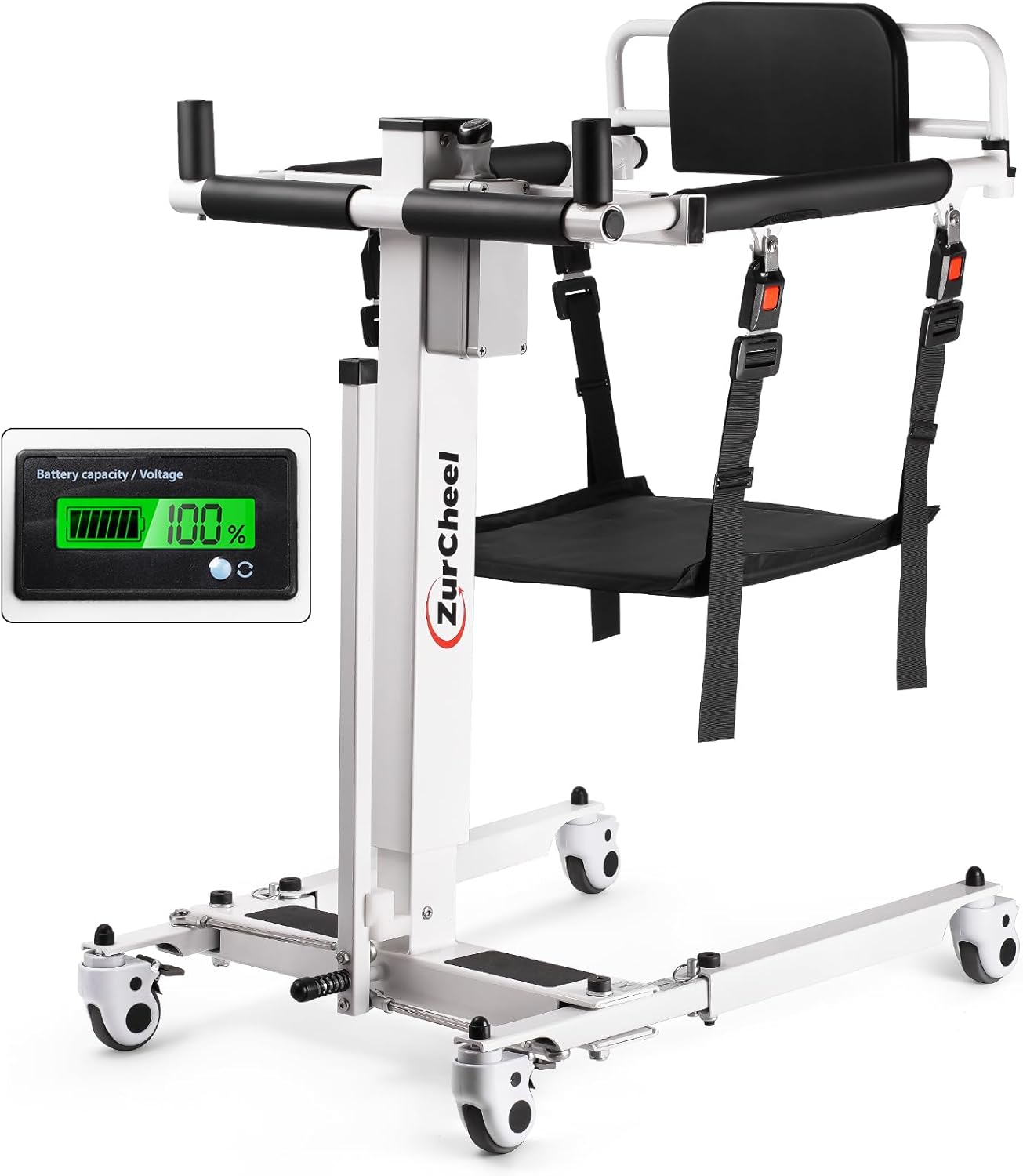 Electric Patient Lift Transfer Chair Lift for Home, Portable Commode Toilet Transfer Chairs with Adjustable Height for Seniors, Folding Bathroom Wheelchair with Battery Display