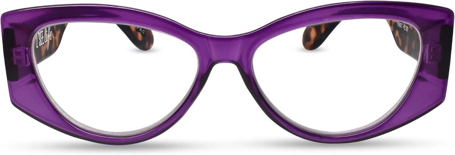 2SeeLife Oversized Cateye Reading Glasses for Women – Medium–Wide Fit, Durable & Sturdy Frame, Trendy Premium Cateye Readers, Purple, +1.75