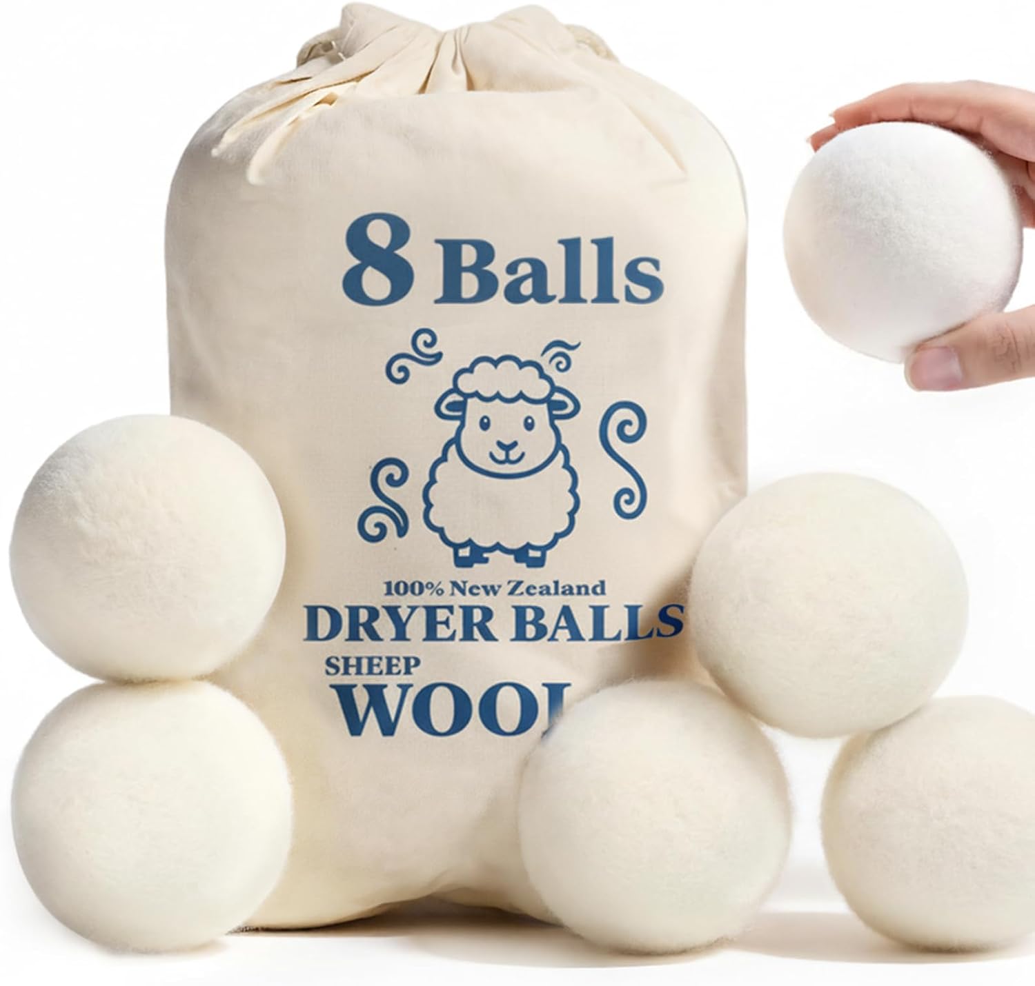Wool Dryer Balls, New Zealand Dryer Balls Laundry Reusable Reduce Static Cling, Dryer Ball to Reduce Wrinkles & Shorten Drying Time, Drying Balls Fabric Softener Ball for Laundry（Pack of 8 L)