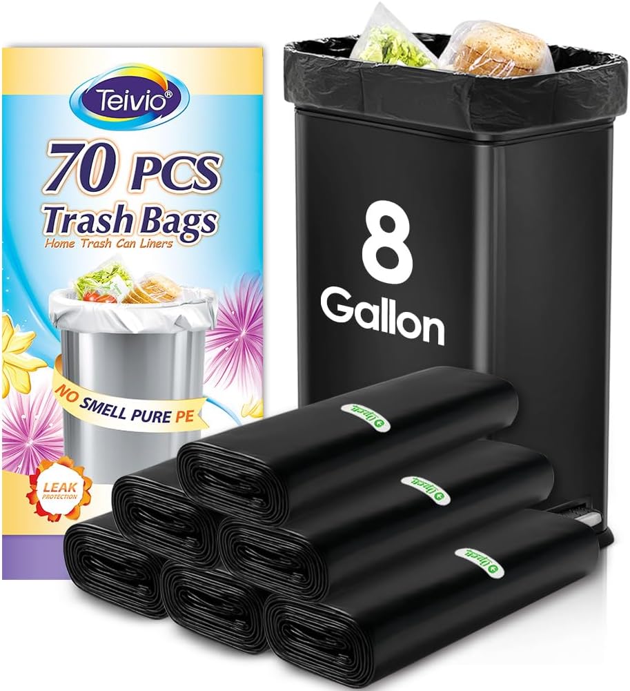 8 Gallon 70 Counts Medium Black Trash Bags,Fit 7,8,9,10 Gal Garbage Bags by Teivio, 30 Liter Thick Bathroom Can Bin Liners,Plastic Bags for Home Office Kitchen, Black