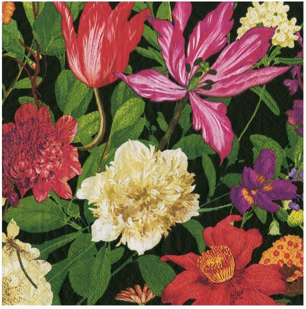 Caspari Dutch Floral Black Cocktail Napkins - includes 20 Cocktail Napkins