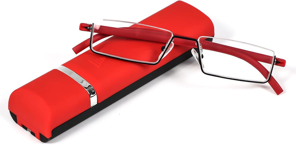 REAVEE Stylish Half Frame Reading Glasses for Women Ladies, Half Lens Lightweight Rectangle Metal Portable Readers with Cases, Red +1.5