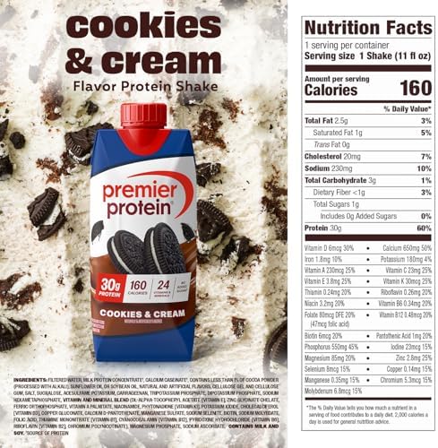 Premier Protein Shake, Cookies & Cream, 30g Protein, No Added Sugar, 24 Vitamins & Minerals to Support Immune Health, 11 fl oz, 4 Pack