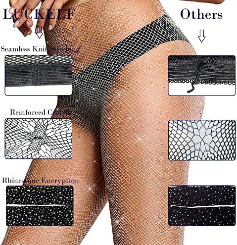 LUCKELF Sexy High Waist Tights Sparkle Rhinestone Fishnets Party Rhinestone Mesh Stockings
