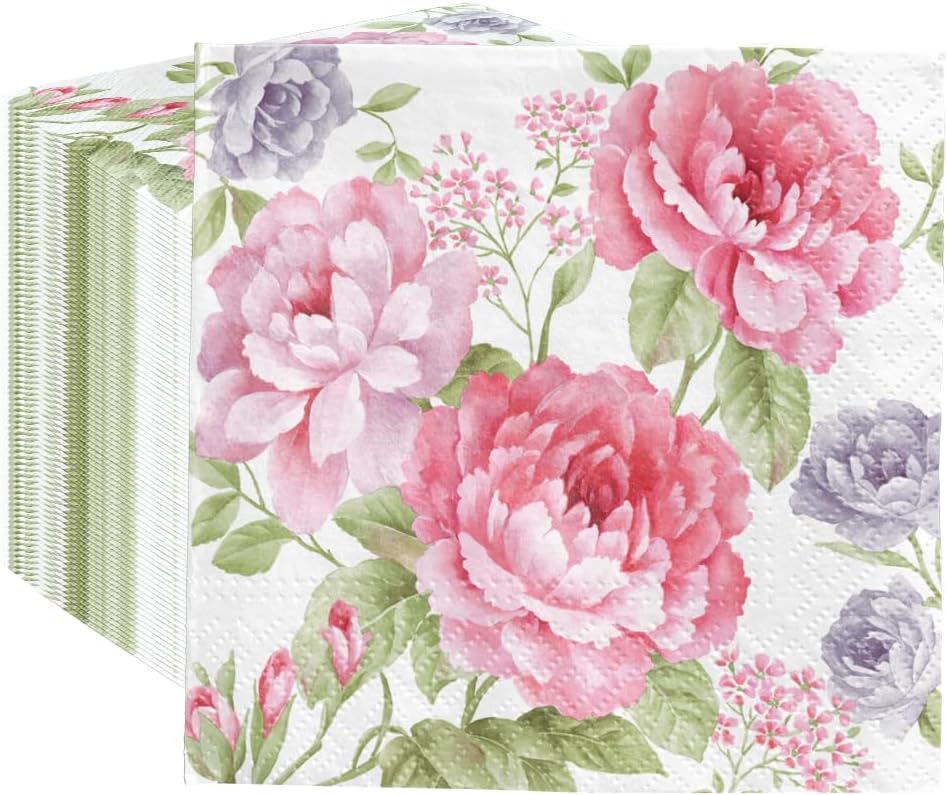 PAW - 100 Pack Floral Cocktail Napkins 5'' x 5'', Disposable Beverage Napkins with Pink Flowers Motive, Paper Towels for Wedding, Birthday, Bridal, Party, Decoupage, Decorative Supplies