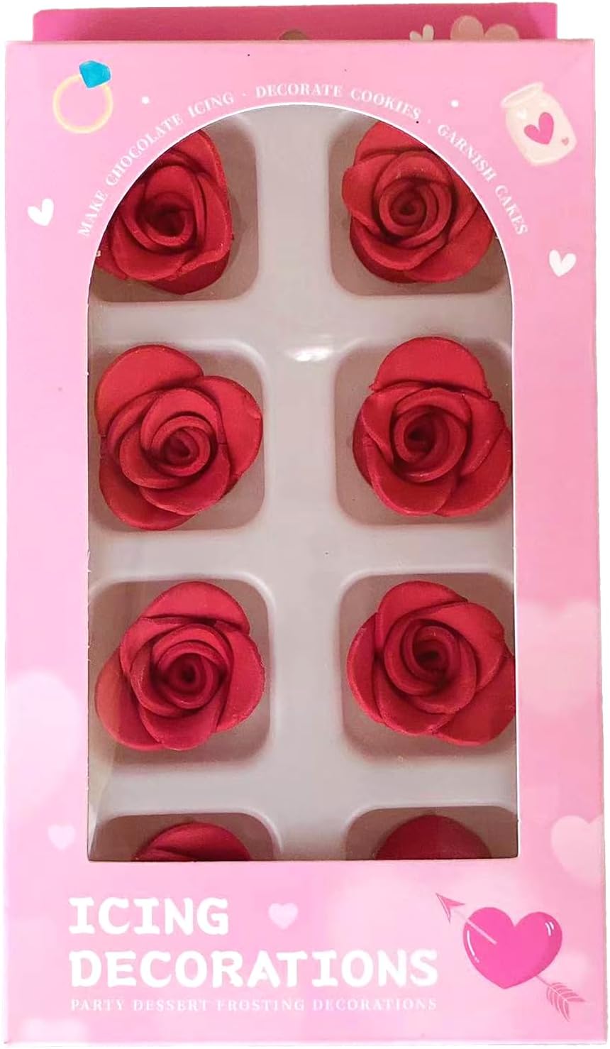 Sentovac 8 Pcs Red Rose Flowers Candy Dessert Icing Decoration Edible Valentines Day Sprinkles DIY For Cookie Cake Cupcake Topper Icing Frosting Decoration Holiday Party Supplies