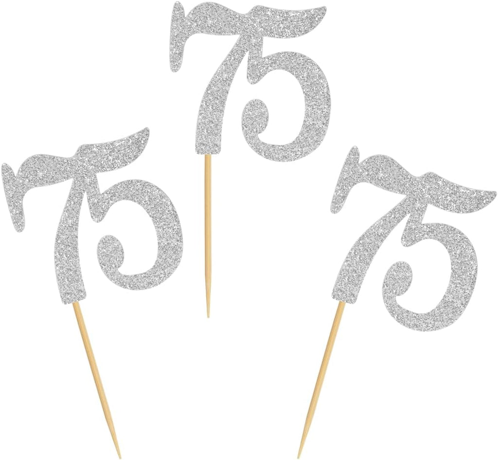 50pcs 75th Cupcake Toppers Silver Glitter Number 75 Cake Picks for Birthday Wedding Anniversary Party Decorations
