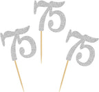 50pcs 75th Cupcake Toppers Silver Glitter Number 75 Cake Picks for Birthday Wedding Anniversary Party Decorations