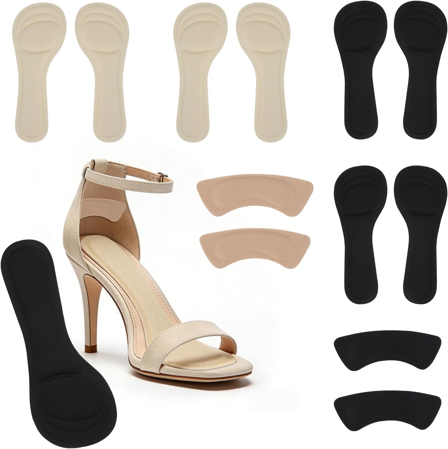 4 Pairs High Heel Inserts for Women and 2 Pairs Heel Cushion Pads, 2 Colors 3/4 Length Self-Adhesive Heel Pads & Shoe Inserts Anti-Slip Heel Grips for Women's 5-9 Highs Heels, Open Toes Flats