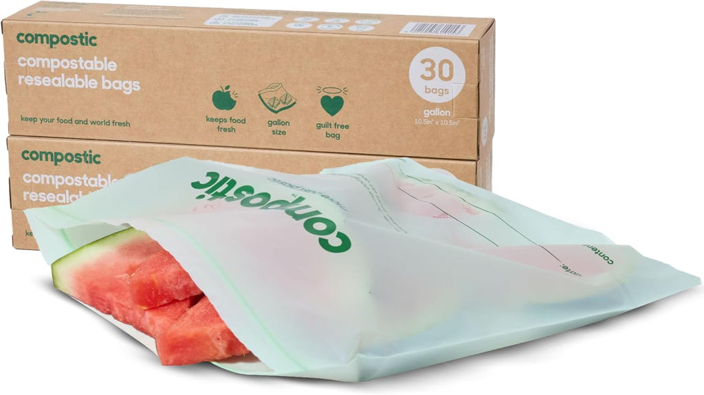 Compostic Compostable Gallon Bags (60 Count) Starter Pack — Resealable Zip-Seal, Plant-Based, Home Compostable, Freezer Safe, BPA-Free, Non-Toxic, GMO-Free Food Storage Bags