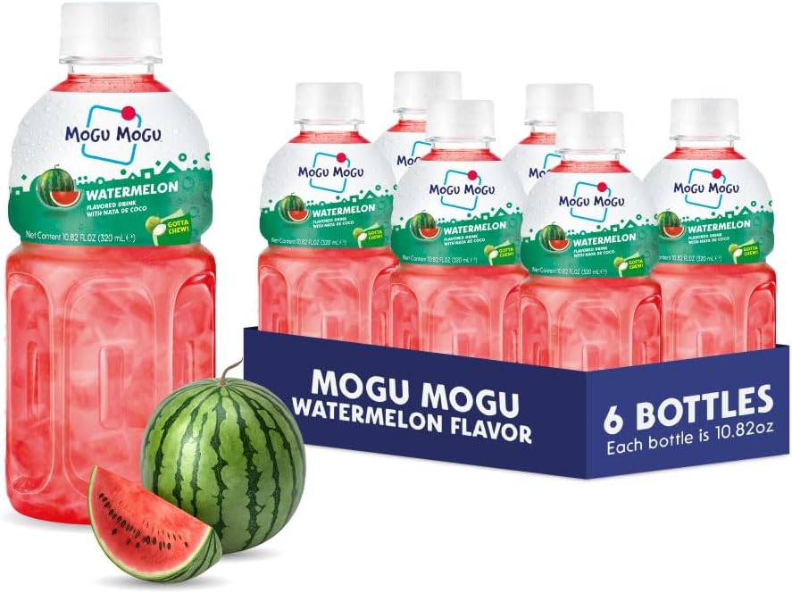 Mogu Mogu Watermelon Juice Drink with Nata de Coco (Coconut Jelly) – Chewy Fruit Beverage for Kids & Adults, 6 Pack Bottles, 10.82 fl oz Each