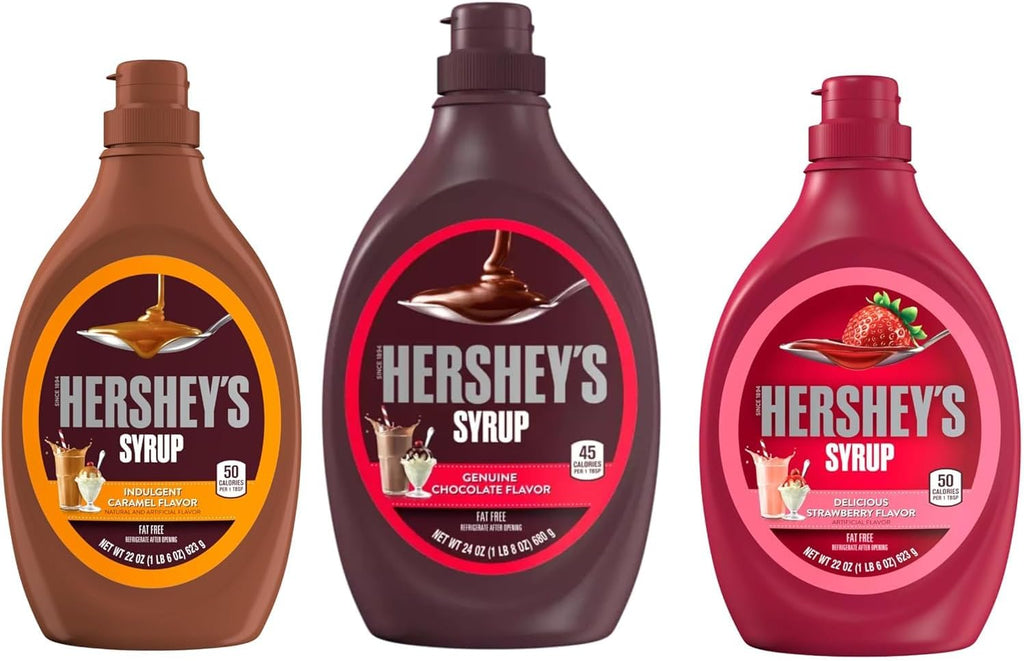 Hershey Dessert Syrup Variety Pack, 3 Tasty Flavors Chocolate 24 oz, Strawberry 22 oz and Caramel 22 oz, Delicious Toppings for Any Dessert