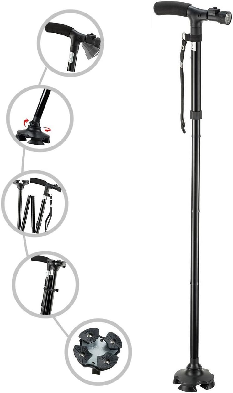 Folding Cane with Led Light, Adjustable Canes for Men and Women, Walking Stick for Elderly with Cushion Handle and Pivoting Quad Base for Hiking Mountain Climbing Backpacker…
