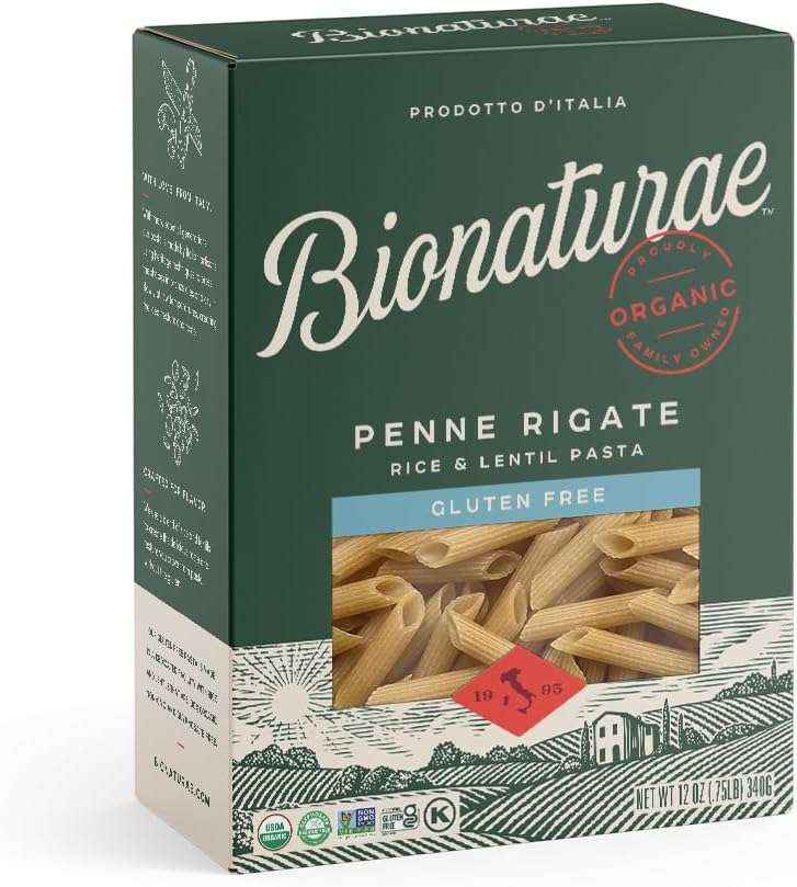 Bionaturae Penne Rigate Pasta Noodles - Gluten Free Pasta Organic, Rice & Lentil Pasta, Kosher Certified, High Protein, Non-GMO Verified, USDA Certified, Gluten Free Pastas, Crafted in Italy - 12 Oz