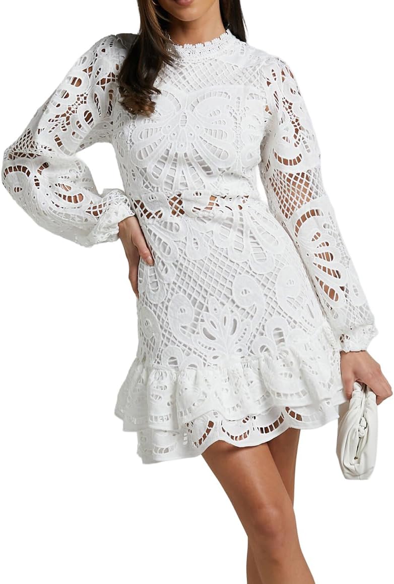 Women's Spring Long Sleeve Embroidery Mini Dress Ruffle Hollow Out Sexy Lace Dress