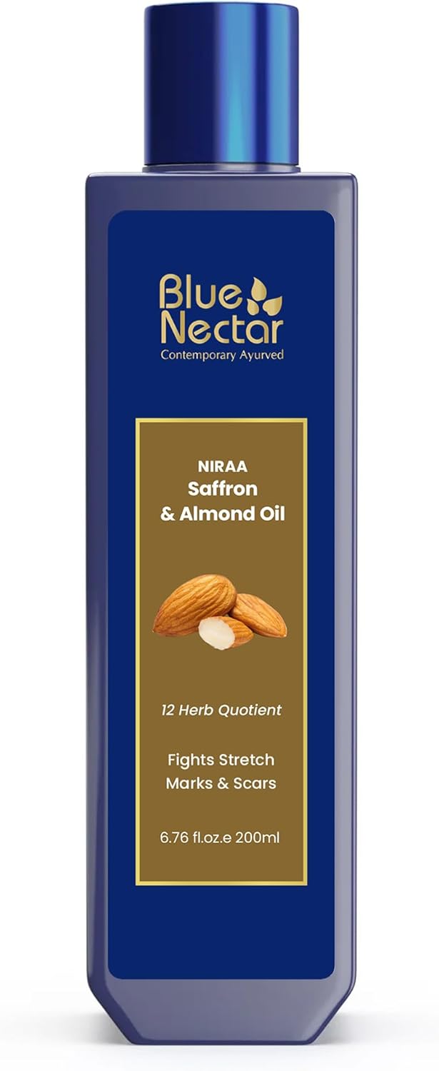 Blue Nectar Saffron & Almond Oil, Ayurveda Product for Crepey Skin | Skin Firming Body Oil for Stretch Marks (12 Herbs, 6.76 Fl Oz)