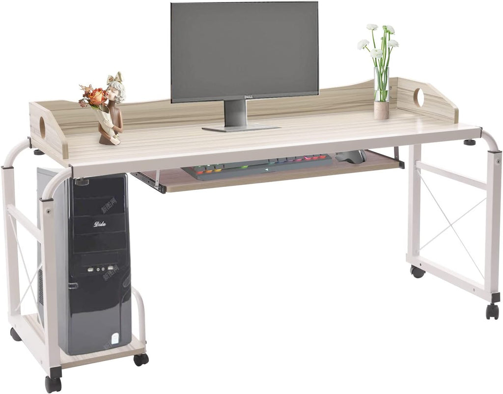 CNCEST Overbed Table with Wheels, 21.7 "~33.5" Height Adjustable Cross-bed Stretchable Lazy Computer Desk Height Adjustable Rolling Bed Desk Mobile Multi-Functional Table or Bedroom, Living Room