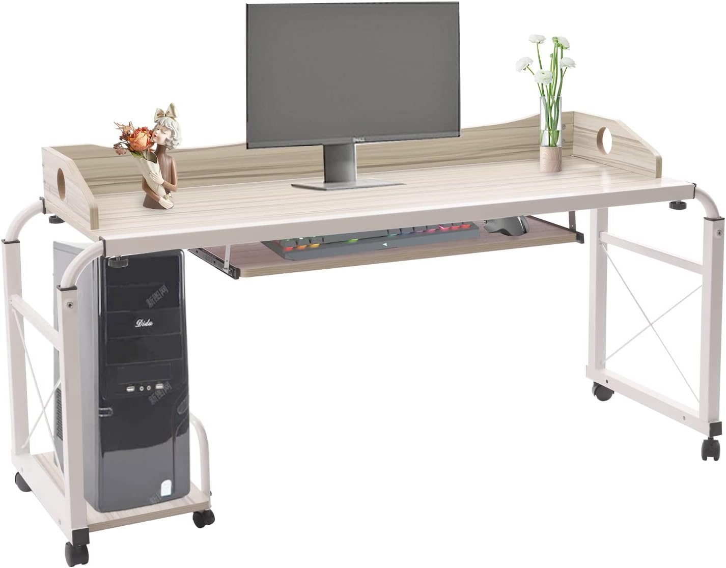 CNCEST Overbed Table with Wheels, 21.7 "~33.5" Height Adjustable Cross-bed Stretchable Lazy Computer Desk Height Adjustable Rolling Bed Desk Mobile Multi-Functional Table or Bedroom, Living Room