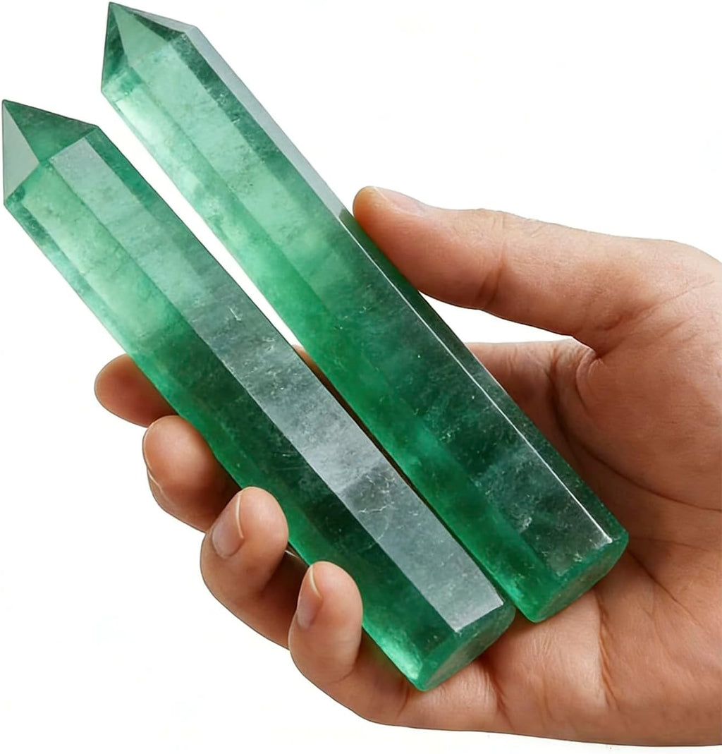 5.8-6.2 Inch Natural Green Fluorite Crystal Point 2Pcs Set, Single Terminated Hexagonal Prism Stone, Energy Protection Spiritual Awakening Crystal, Reiki Meditation Home Decor Ornament Gift
