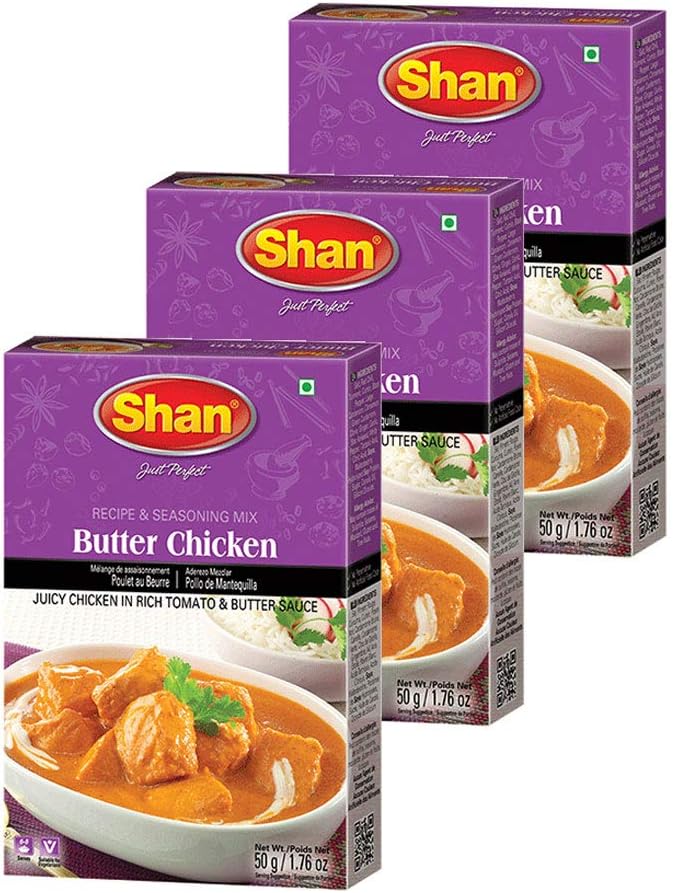 Shan Butter Chicken Recipe and Seasoning Mix 1.76 oz (50g) - Spice Powder for Juicy Chicken in Rich Tomato and Butter Sauce - Suitable for Vegetarians - Airtight Bag in a Box (Pack of 3)