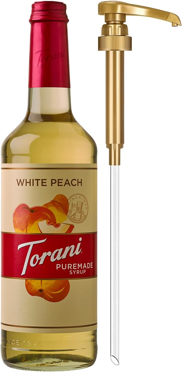 Torani Puremade Syrup, White Peach Flavoring for Drinks, Glass Bottle with Pump Included, 25.4 Fl Oz