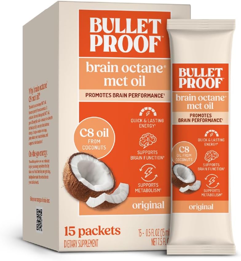 Bulletproof Brain Octane C8 MCT Oil Packets, Pack of 15 – 100% Pure Coconut Oil, Triple-Distilled Keto Energy Supplement for Coffee & Smoothies, Unflavored, No Additives or Fillers, Non-GMO