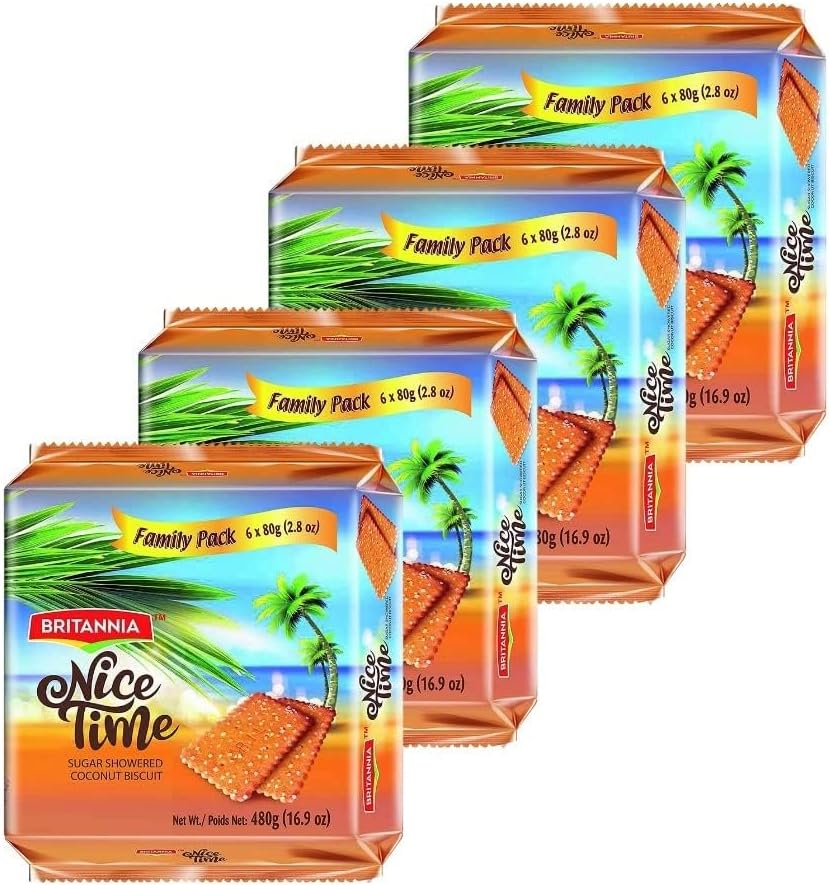 Britannia Nice Time 16.9oz (480g) - Delicious Coconut Biscuit Crunchy - Kids Favorite Breakfast & Tea Time Snacks (Pack of 4)