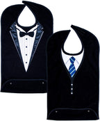 Adult Bibs for Men, Dress ‘n Dine™ Clothing Protectors for Eating, Senior Adult Bib Terry Cloth Crumb Catcher, Embroidered Design, Waterproof, Reusable, Washable (Blue Tie + Tuxedo)