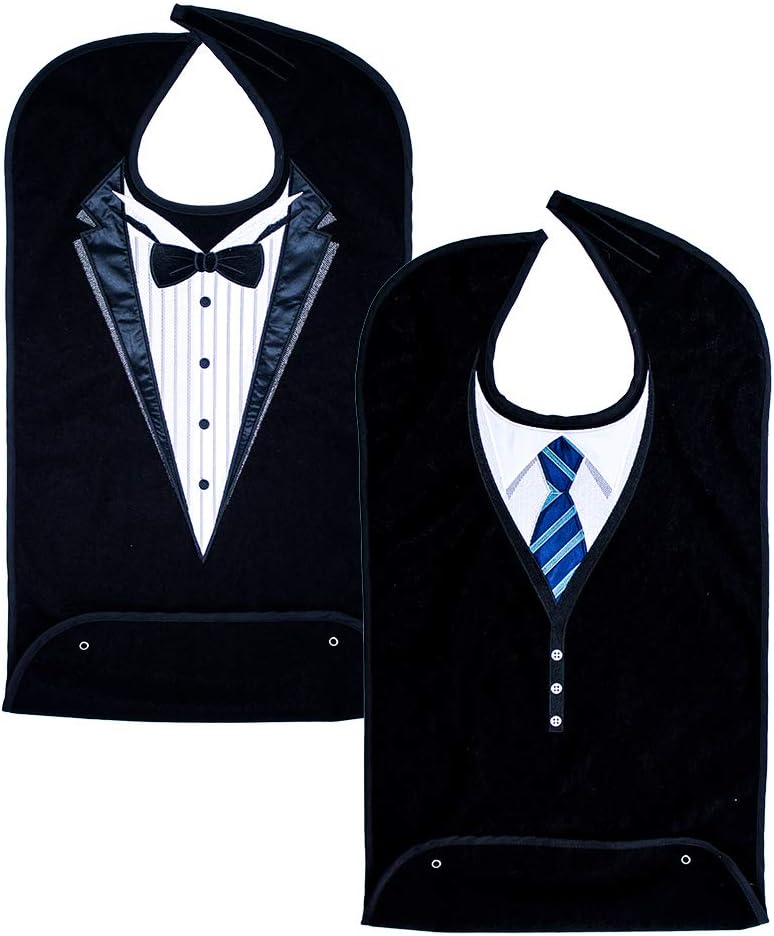 Adult Bibs for Men, Dress ‘n Dine™ Clothing Protectors for Eating, Senior Adult Bib Terry Cloth Crumb Catcher, Embroidered Design, Waterproof, Reusable, Washable (Blue Tie + Tuxedo)