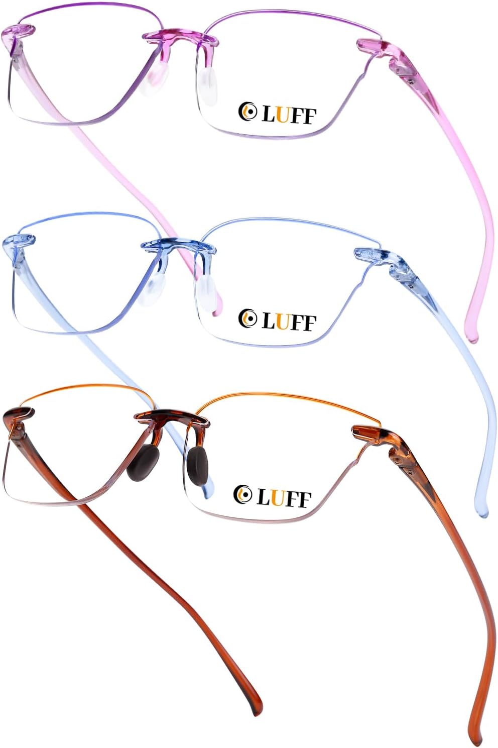 LUFF Blue Light Blocking Reading Glasses Women 3 Pack, Cat Eye Rimless Readers Lightweight Computer for Digital Eye Strain